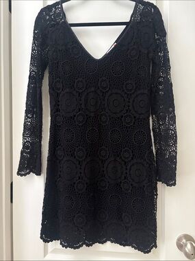 Michelle Jonas Black Crochet Lace Long-Sleeve V-Neck Dress